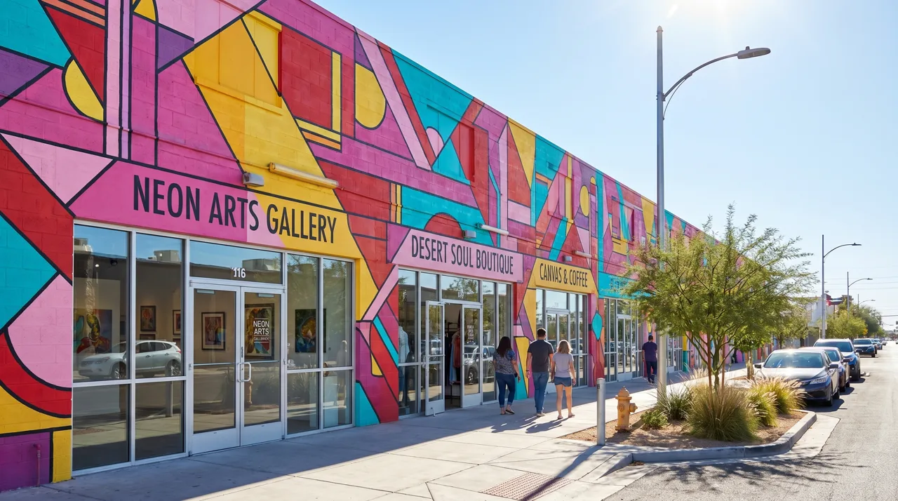 Pedestrians walking past colorful murals and gallery storefronts in the 18b Arts District in downtown Las Vegas