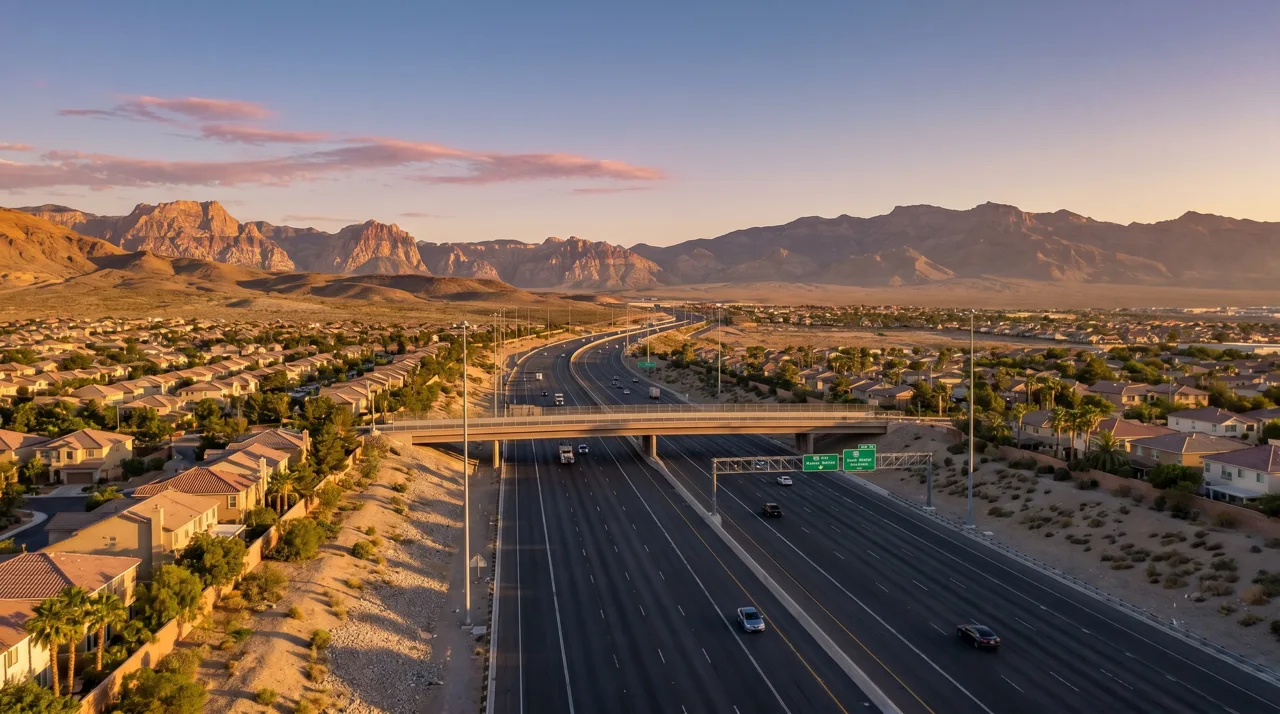 The 215 Beltway in Las Vegas at sunset with sparse traffic and desert mountains in the background