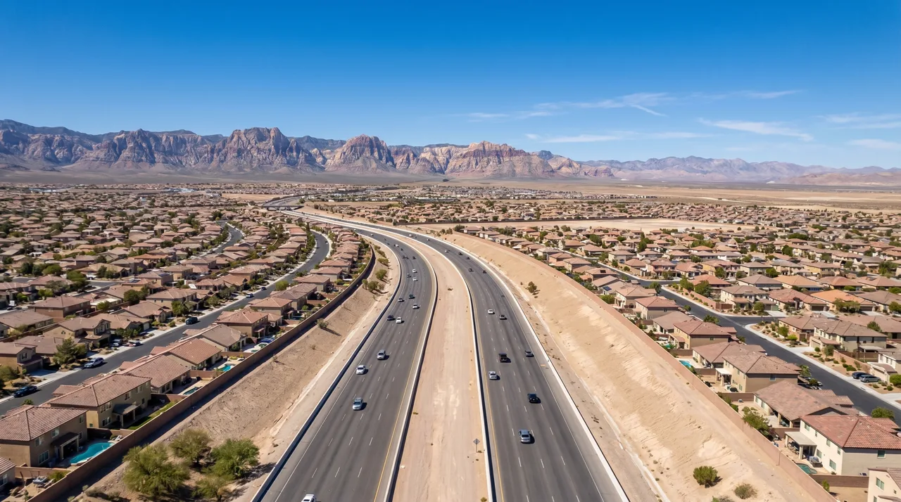 Aerial view of the 215 Beltway in Las Vegas with light traffic and the Spring Mountains in the distance