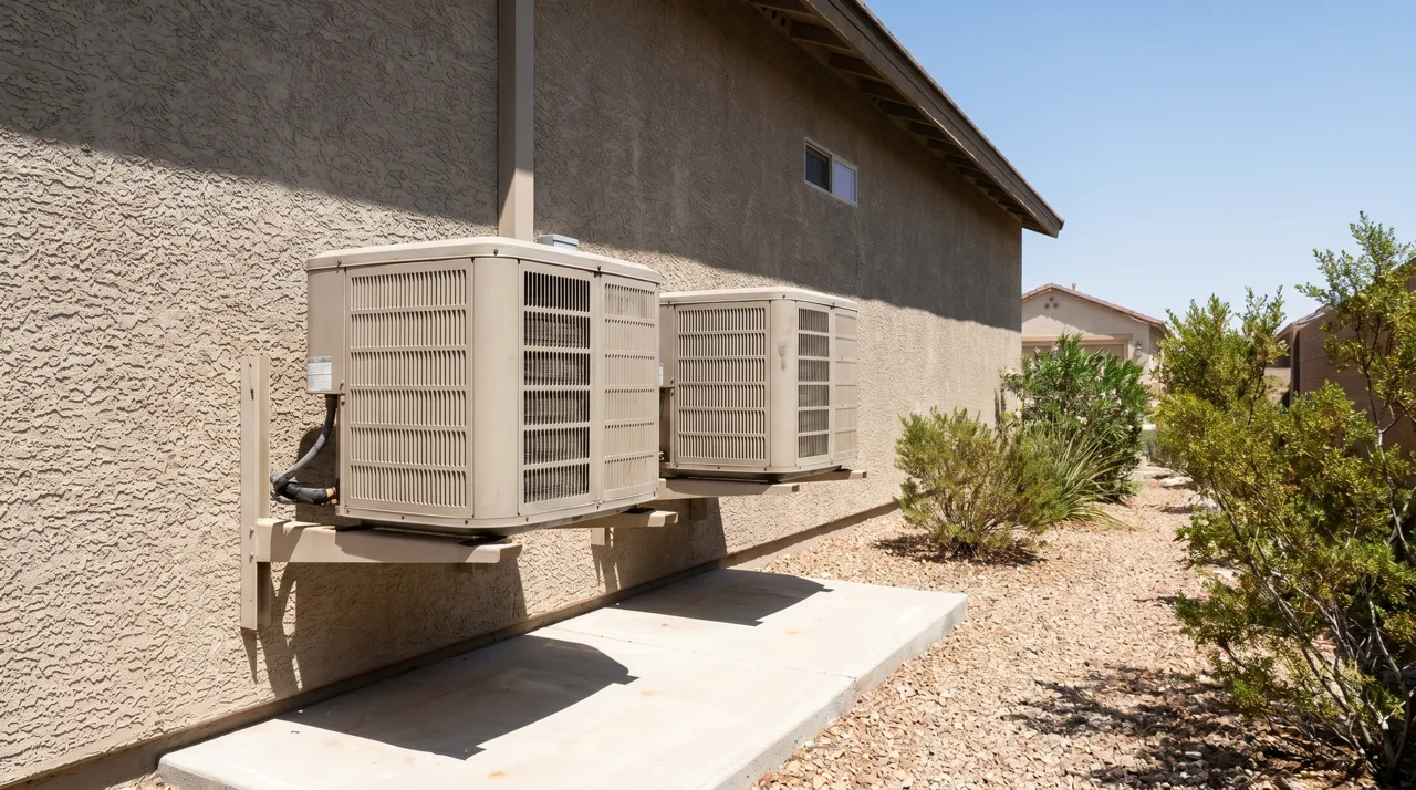Residential air conditioning condenser units on the side of a Las Vegas home in summer