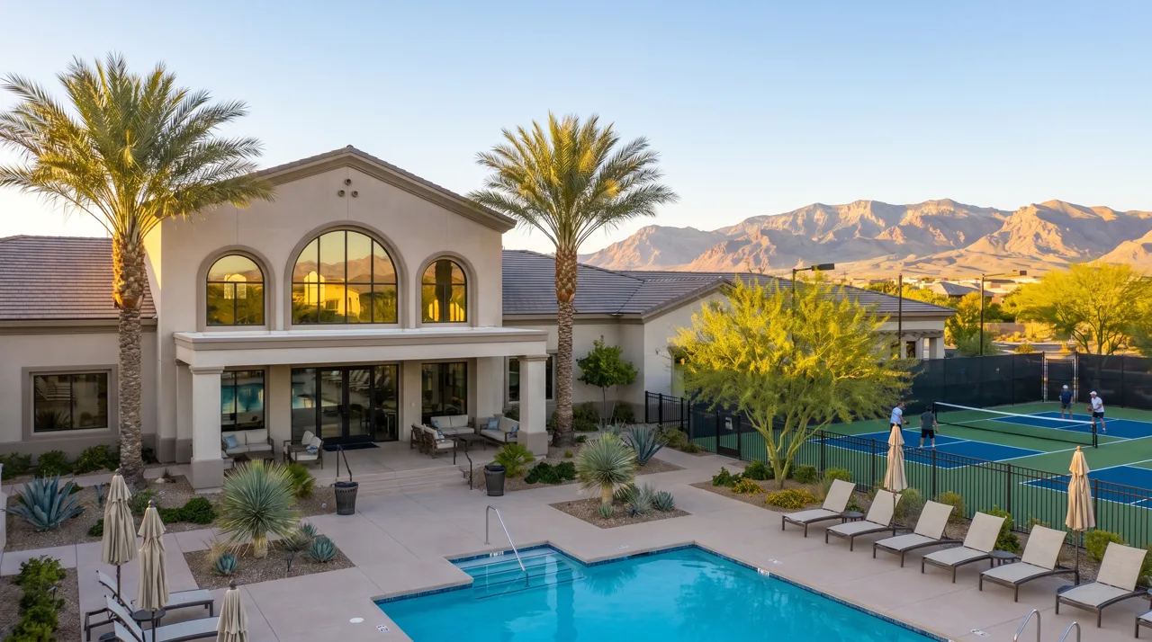 Active adult community clubhouse in Las Vegas with a resort-style pool, pickleball courts, palm trees, and desert mountains in the background