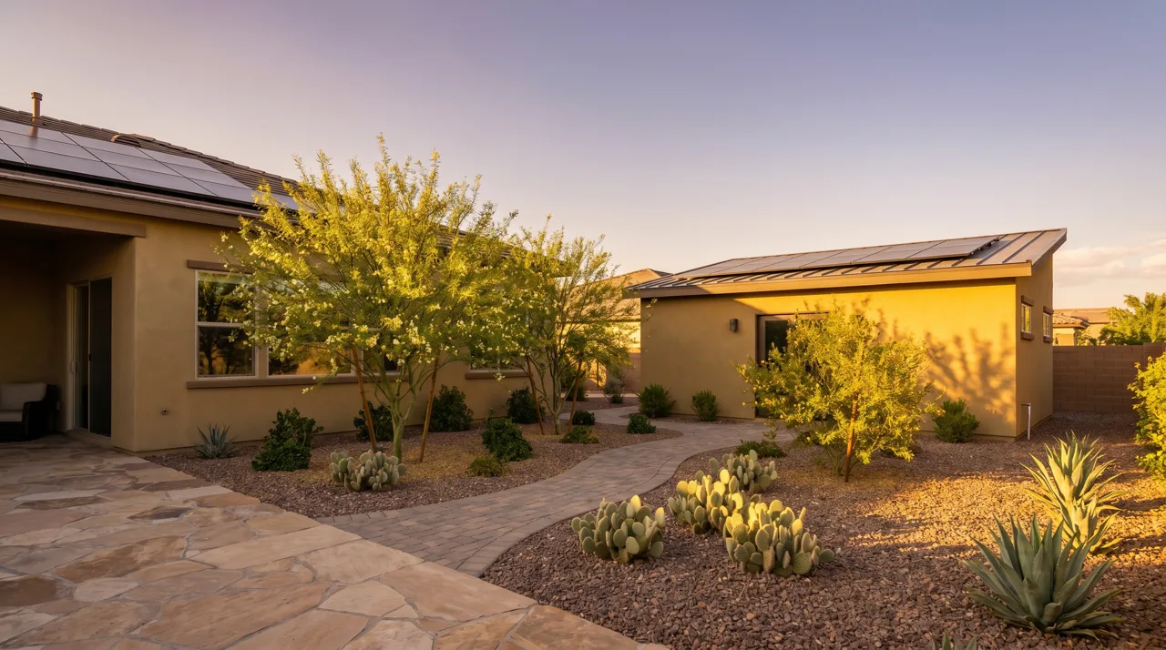 Modern accessory dwelling unit behind a main Las Vegas home, both with rooftop solar panels and surrounding desert landscaping