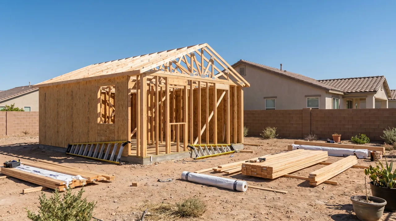A detached accessory dwelling unit under construction in a residential backyard