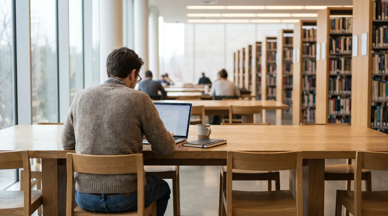 Adult working on a laptop at a library study table