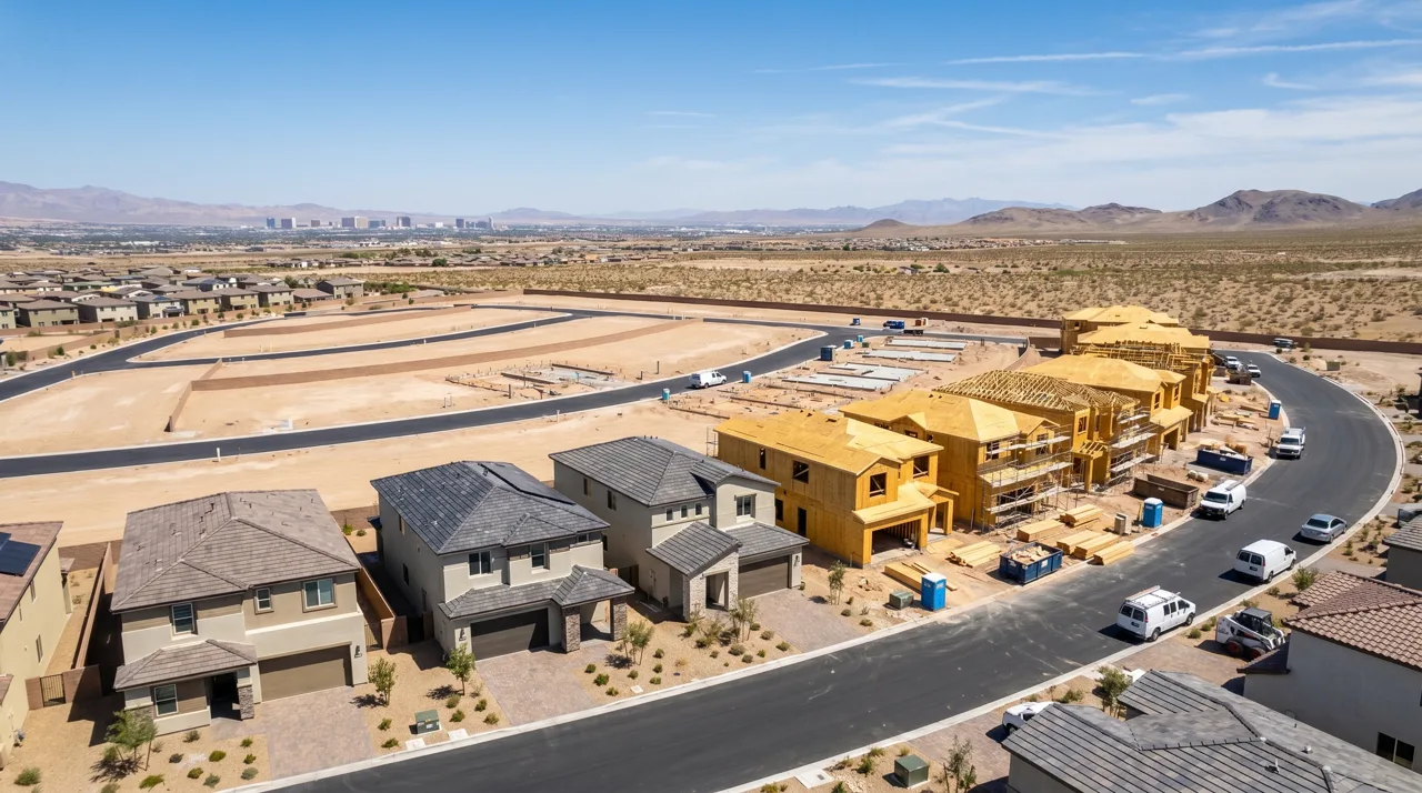 Aerial view of a new-construction subdivision in a Las Vegas master-planned community with homes in various stages of construction