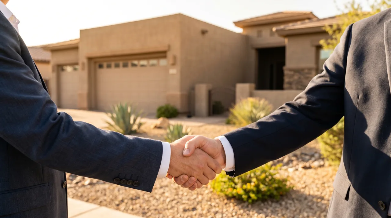Real estate agent and buyer shaking hands in front of a brand-new Las Vegas home