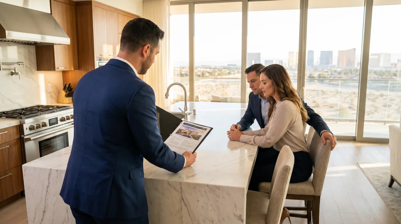 A real estate agent showing paperwork to a couple seated at a modern kitchen island in a Las Vegas home
