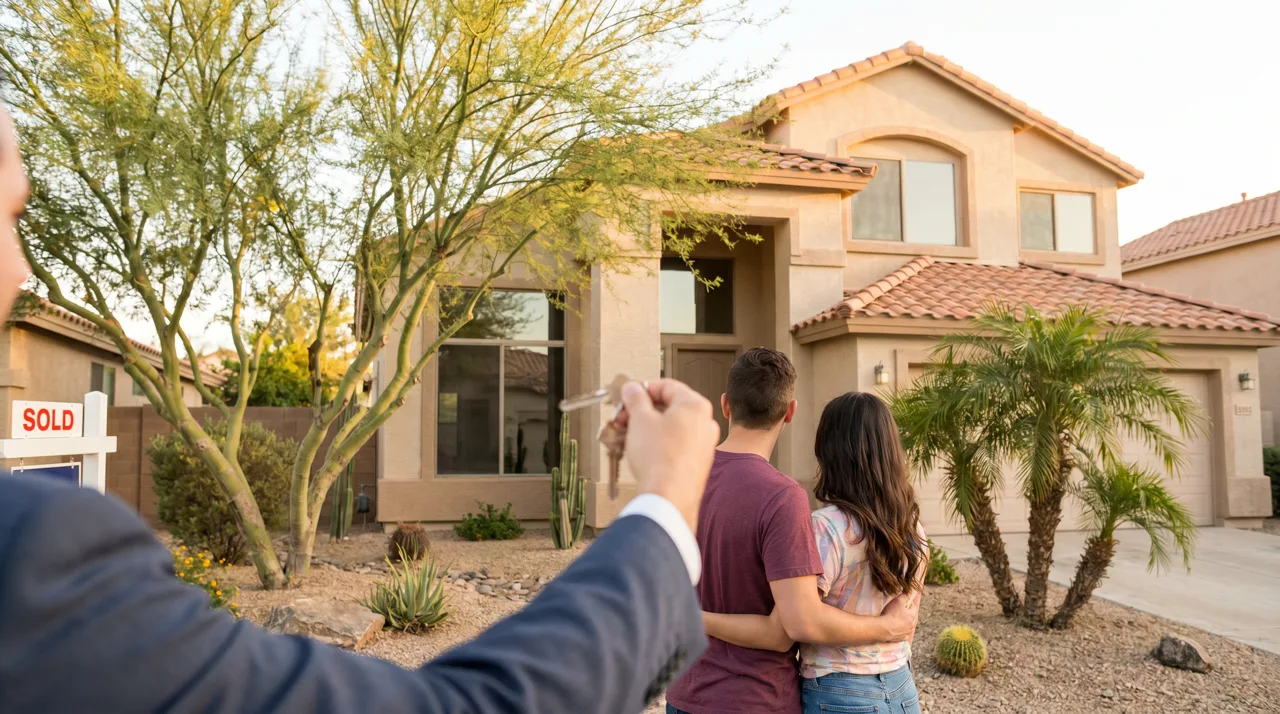 Real estate agent handing house keys to a couple in front of their new Las Vegas home