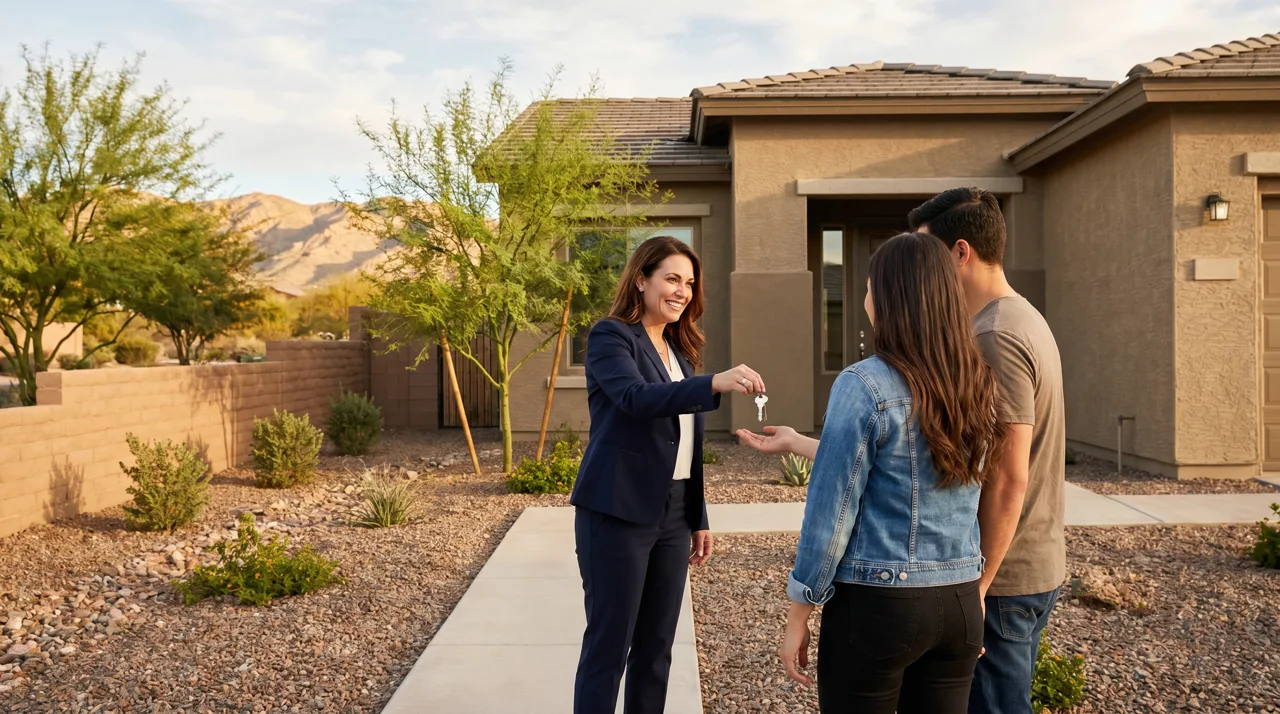 Real estate agent handing house keys to a young couple in front of their new Las Vegas home with desert landscaping