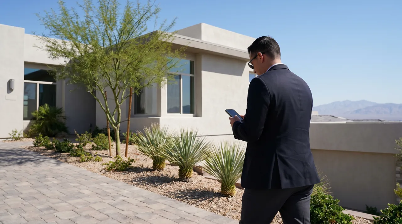 Real estate agent checking property and client information on a phone outside a Las Vegas home before a showing
