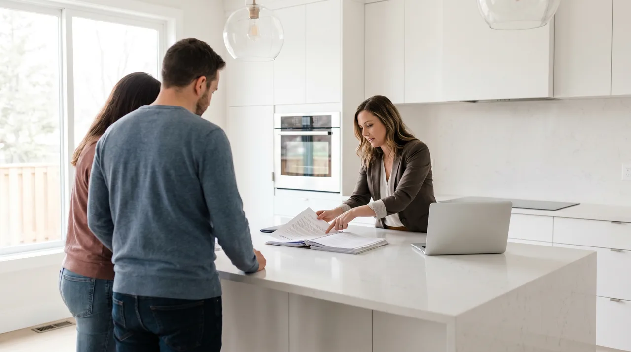 Real estate agent reviewing mortgage paperwork with a couple seated at a modern kitchen table
