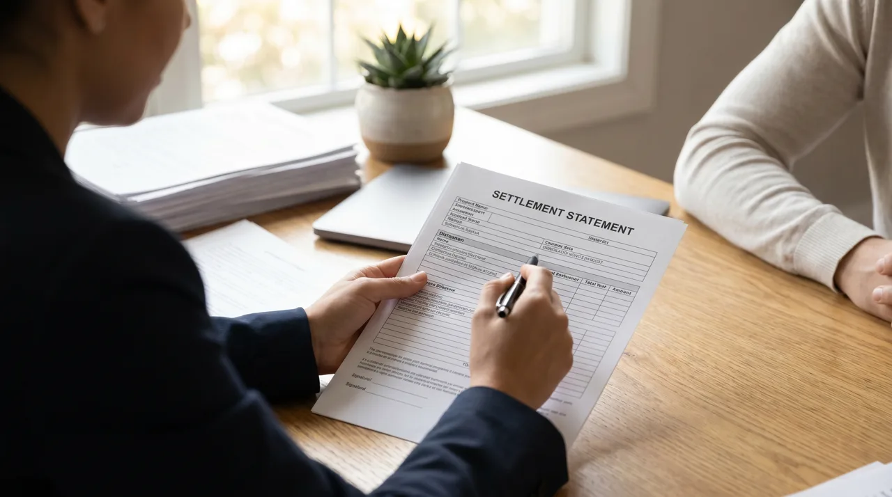 Real estate agent reviewing a settlement statement with a client at a home office desk