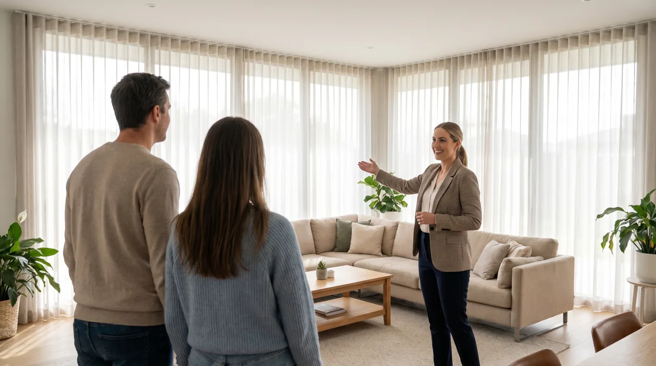 Real estate agent showing a bright modern living room to a prospective couple
