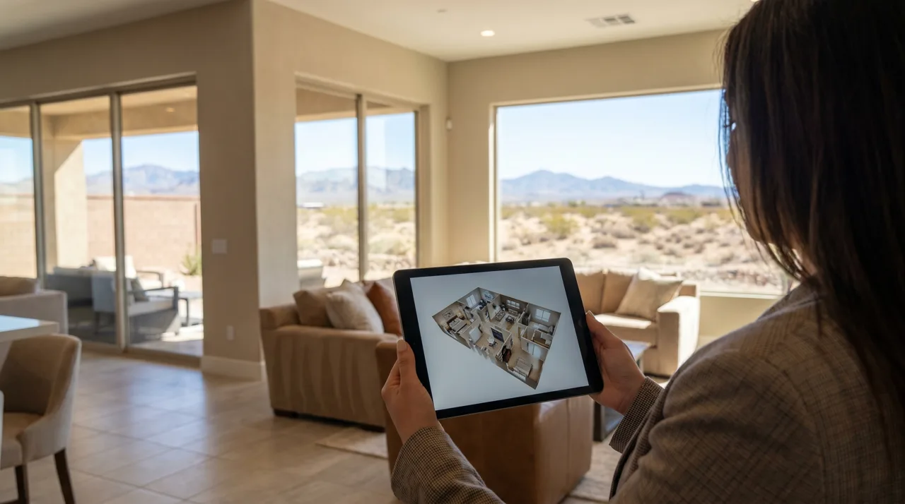 Real estate agent reviewing a 3D virtual tour of a home interior on a tablet