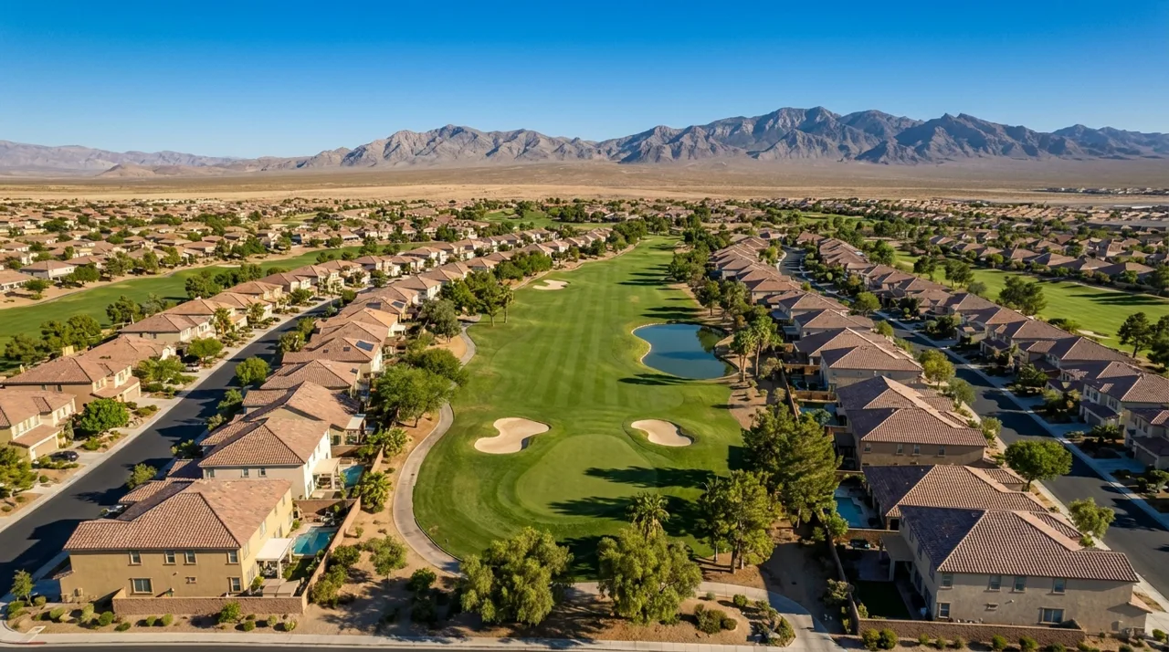 Aerial view of Aliante master-planned community in North Las Vegas with golf course fairways and desert mountains in the background