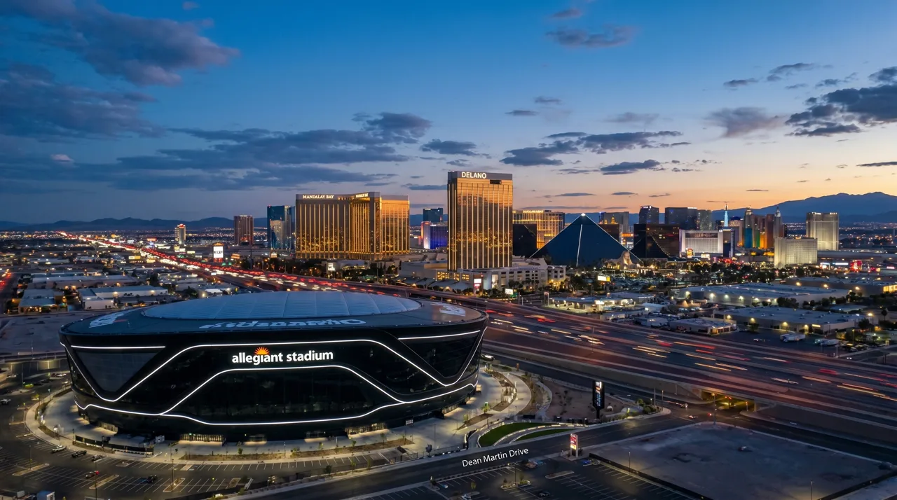 Aerial view of Allegiant Stadium at dusk with the Las Vegas Strip skyline illuminated in the background