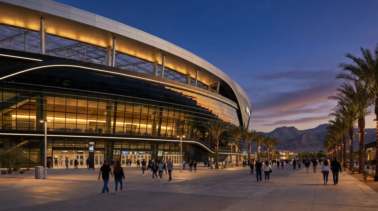 Allegiant Stadium exterior at dusk with its distinctive black glass facade illuminated