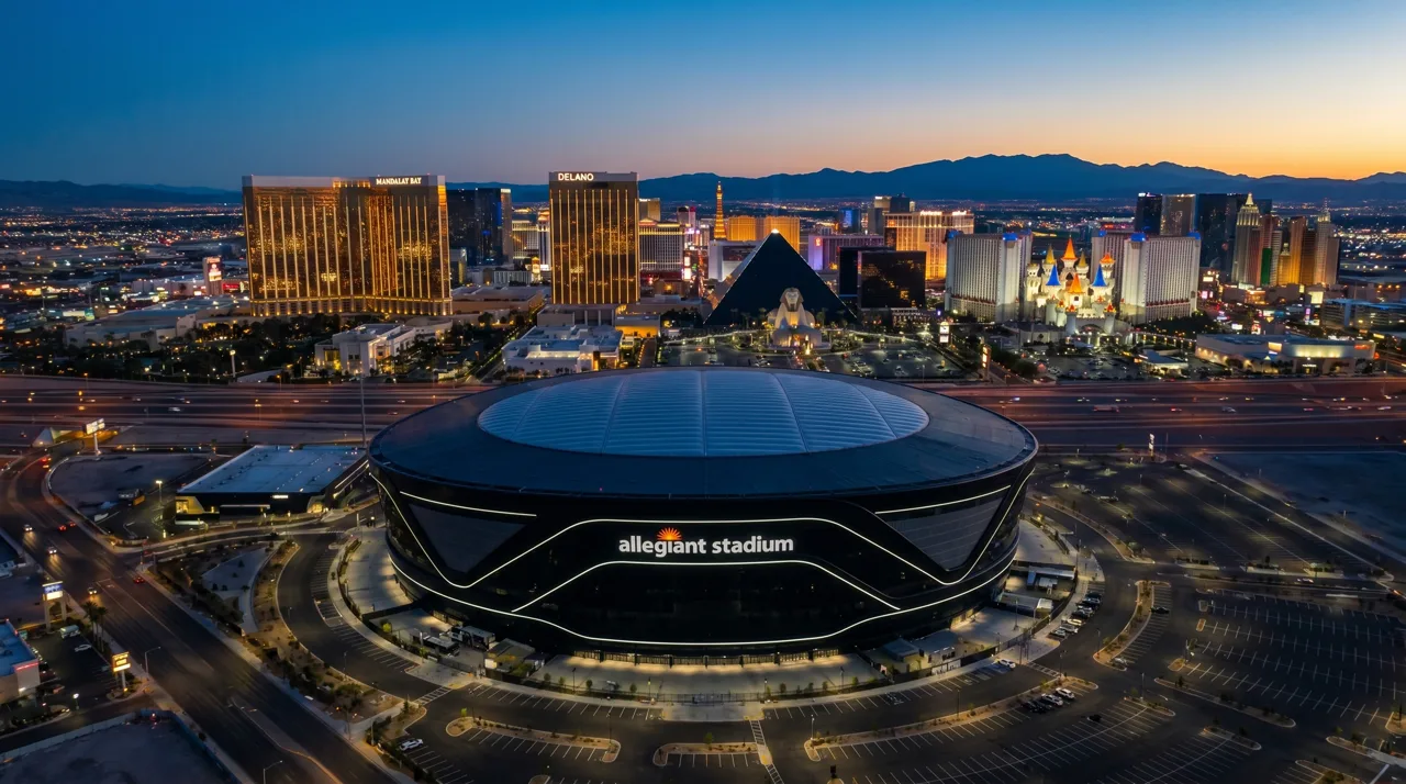 Allegiant Stadium exterior on the south Strip with the Las Vegas skyline in the background