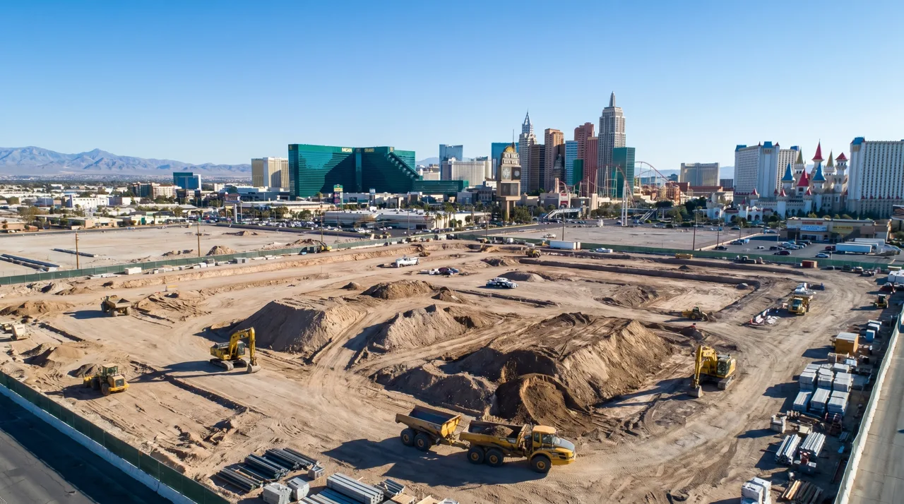 Allegiant Stadium with construction on the former Tropicana site on the south Las Vegas Strip