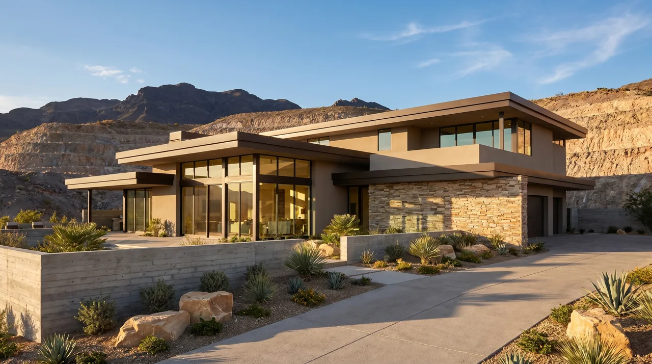 Modern desert contemporary home in Ascaya Henderson with large glass walls and natural stone exterior