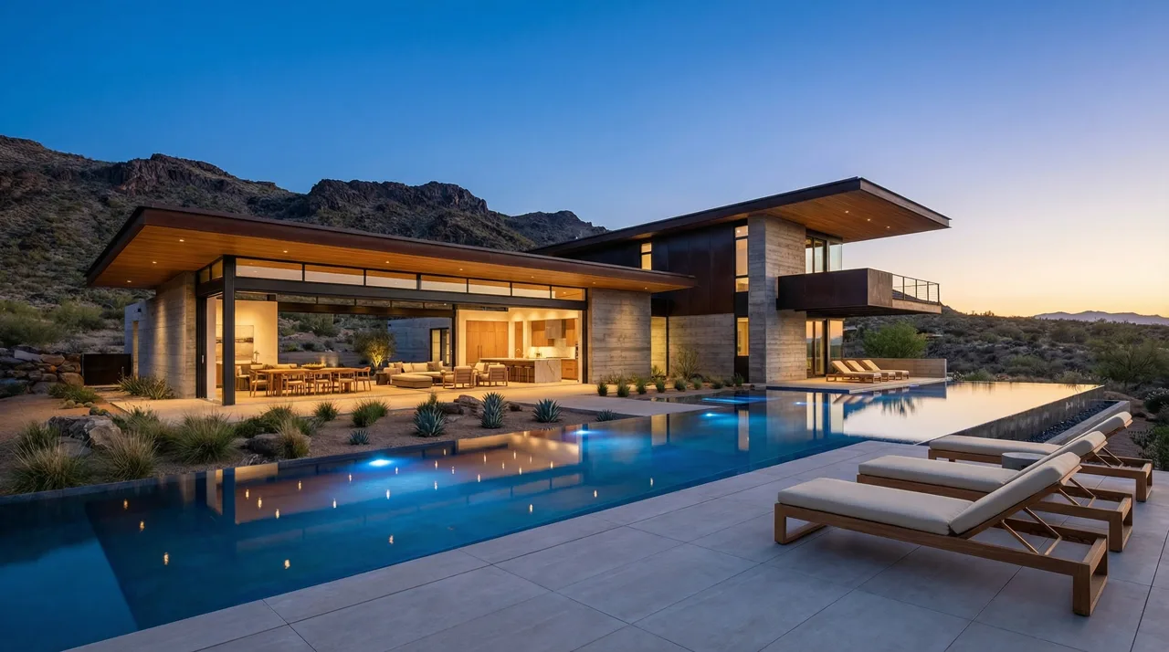 Ascaya desert contemporary mansion in Henderson with glass walls and infinity pool overlooking the Las Vegas valley