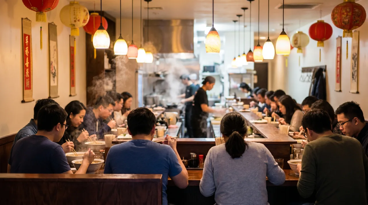 Interior of a busy Asian noodle restaurant with diners seated at booths and a counter enjoying their meals