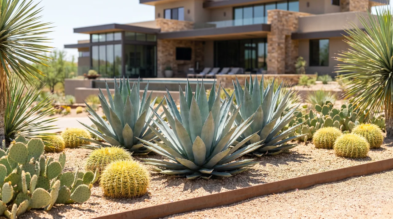 Sculptural blue agaves and golden barrel cacti arranged in a modern luxury front yard with corten steel edging and crushed granite