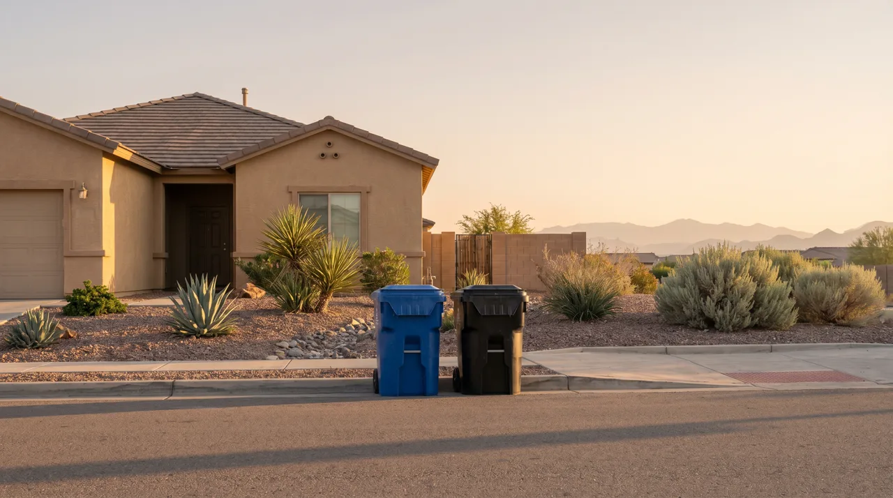 Blue recycling cart and black trash cart placed at the curb of a suburban Las Vegas home