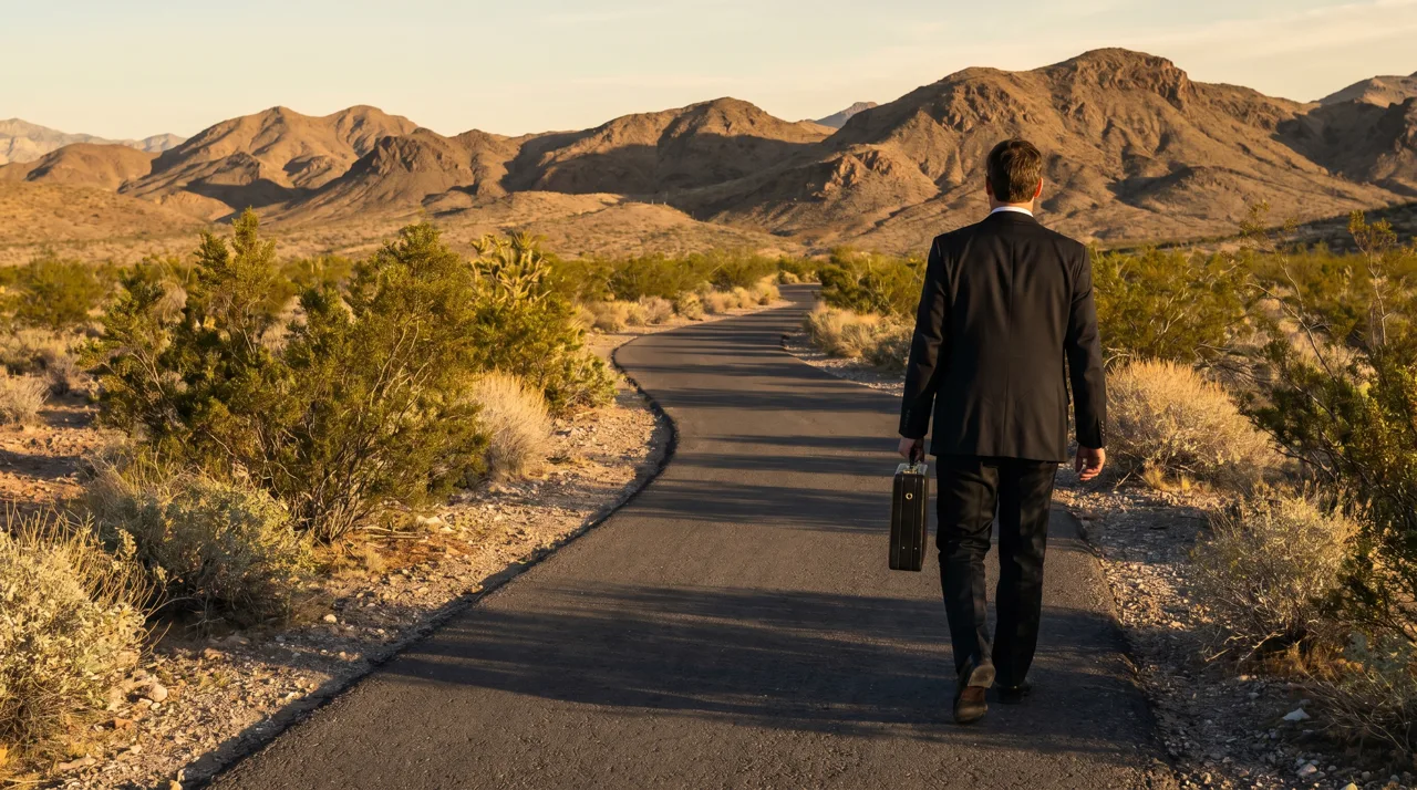 Person in business attire seen from behind walking on a paved path through the Las Vegas desert