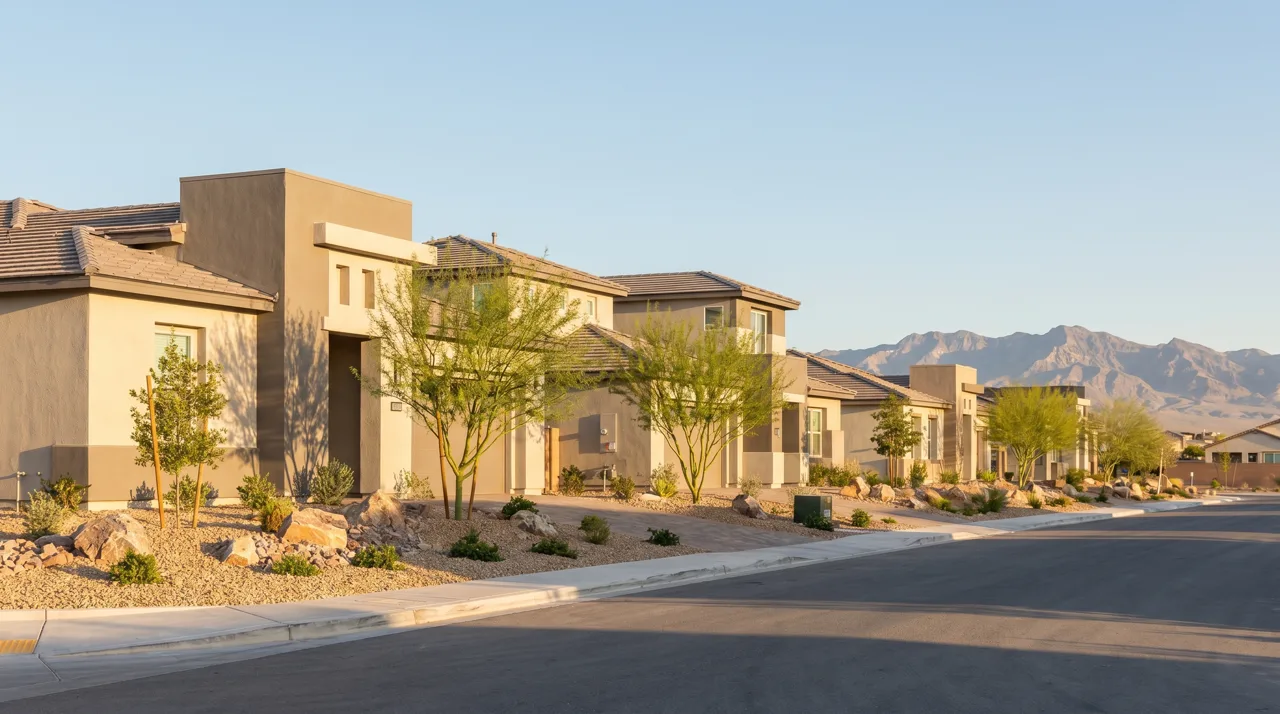 Row of new construction homes in Cadence Henderson with modern desert architecture