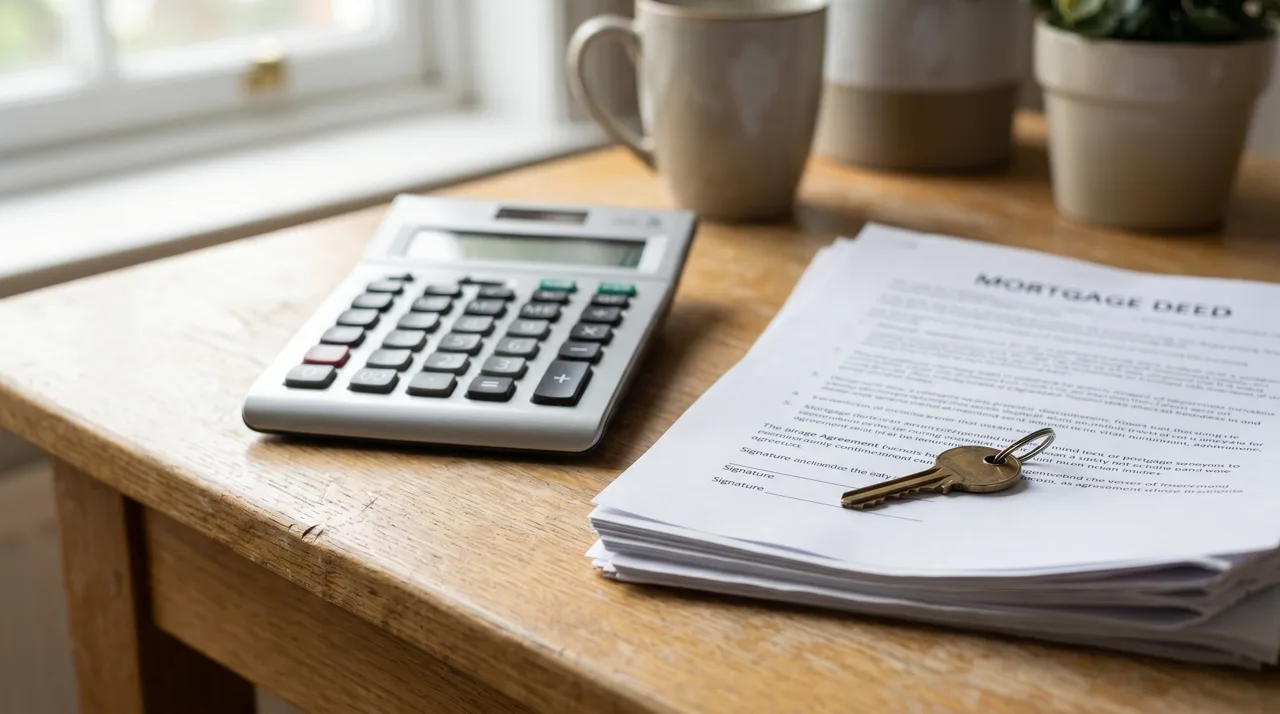 Close-up of a calculator, FHA mortgage paperwork, and a brass house key on a wooden desk