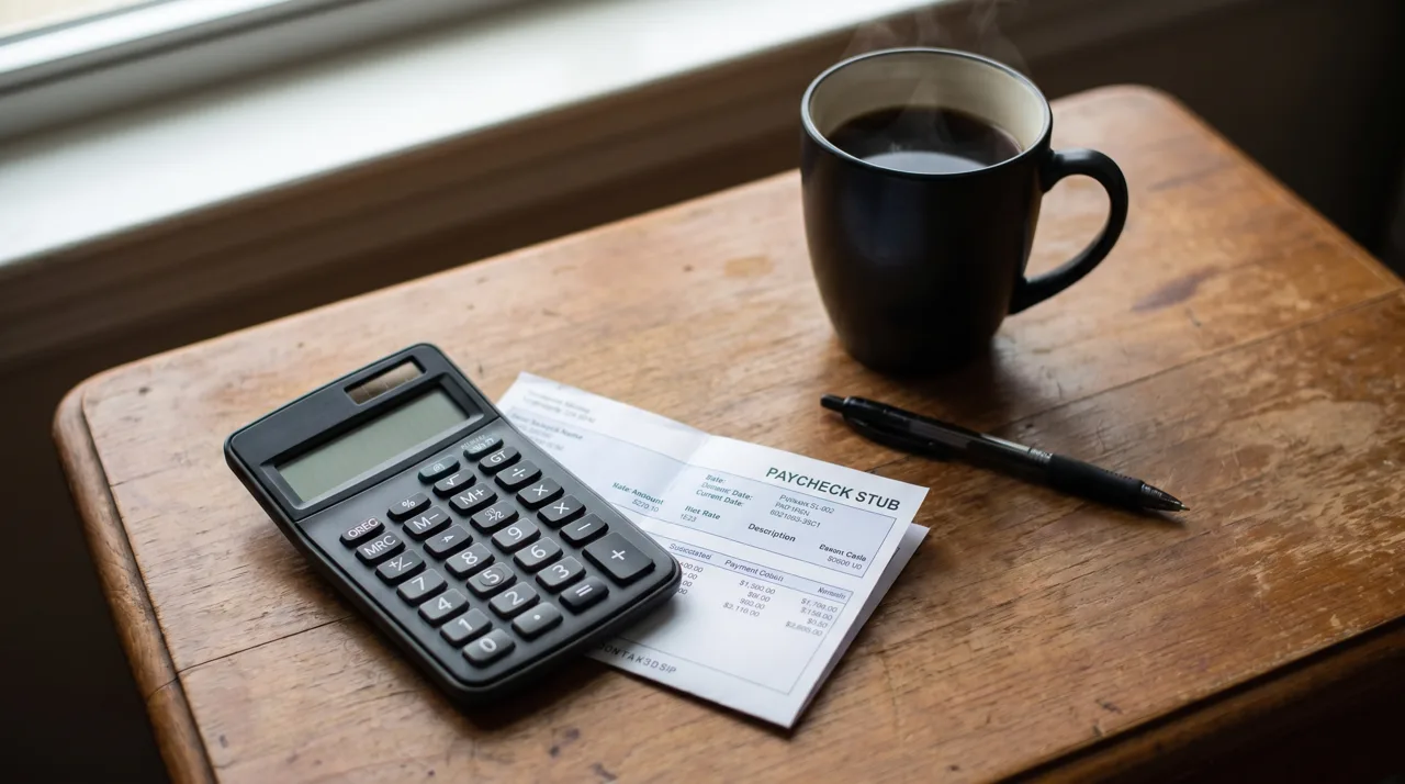 A calculator, printed paycheck stub, and a cup of coffee on a wooden desk representing tax savings