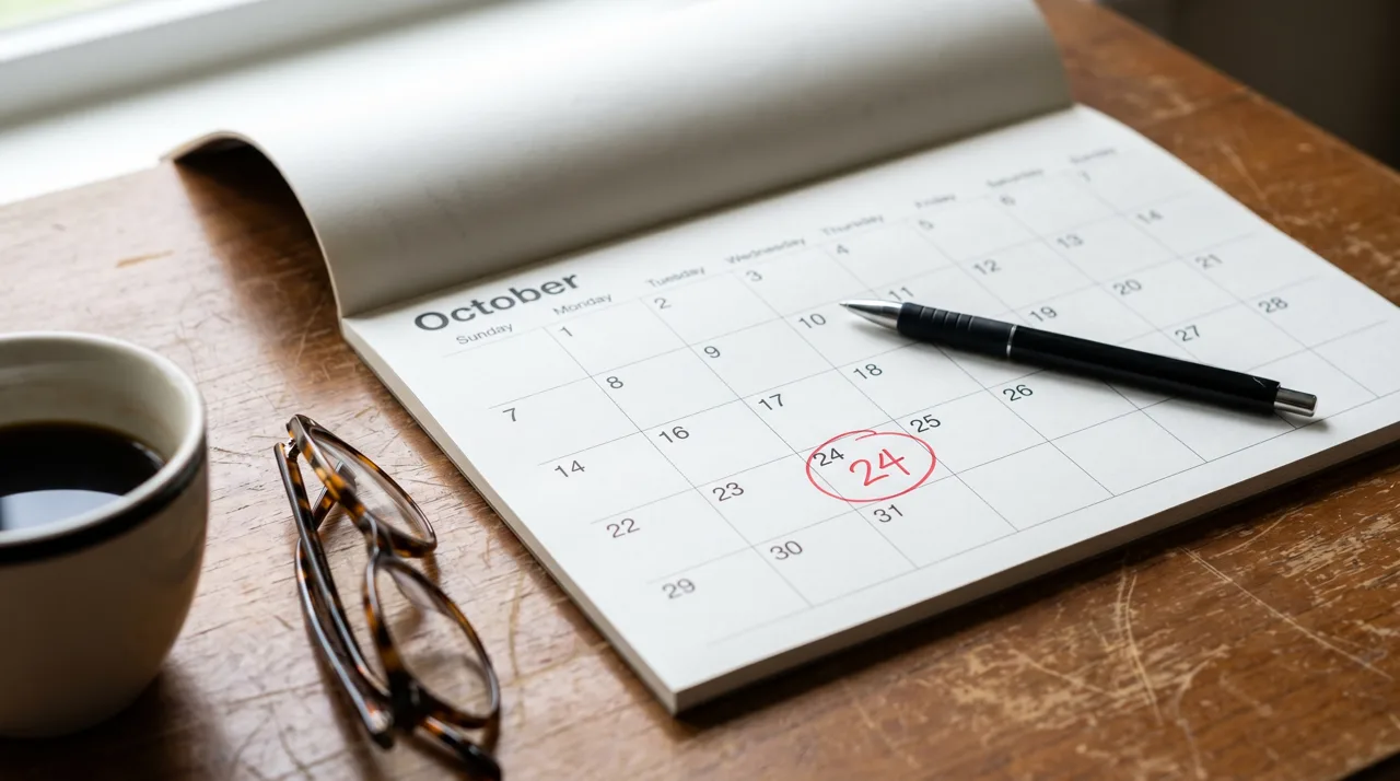 Open paper desk calendar with a circled deadline date and a pen resting on top