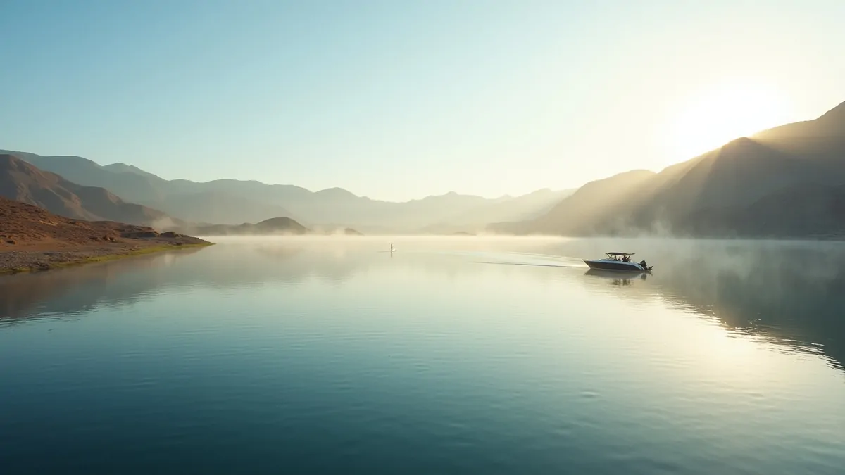 A calm lake with one boat in the Las Vegas desert at sunrise.