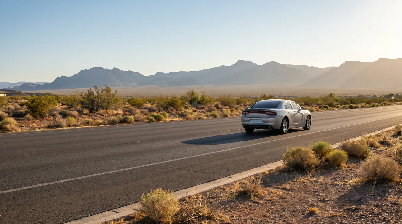 Single car driving along a wide suburban road in the Las Vegas desert under afternoon sun