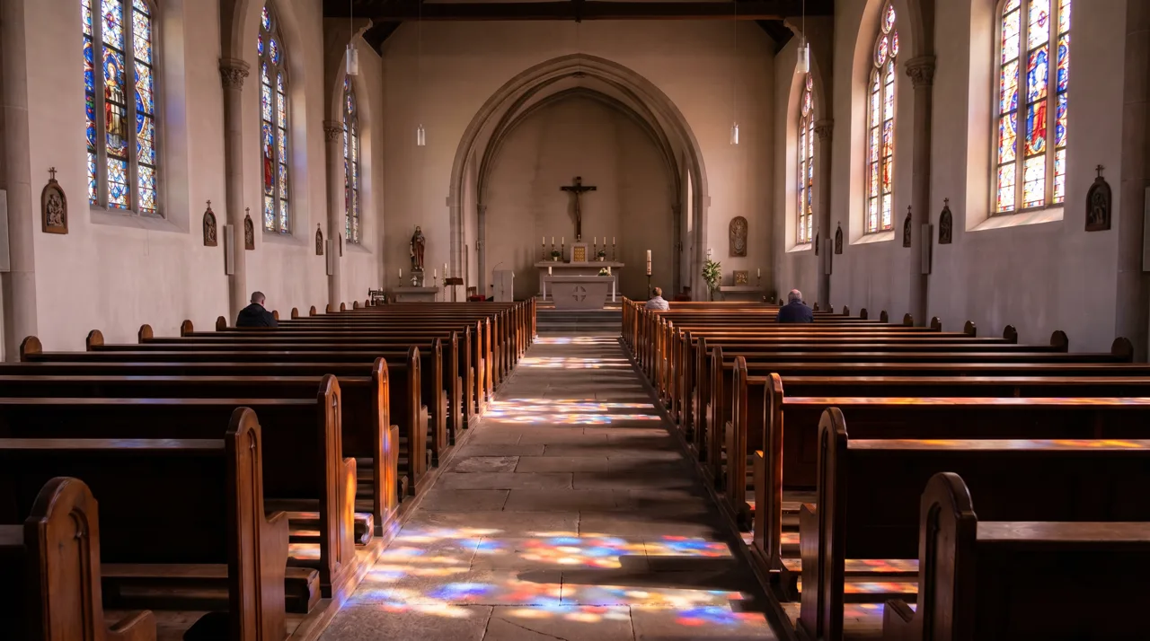 Interior of a Catholic church with stained glass windows and wooden pews