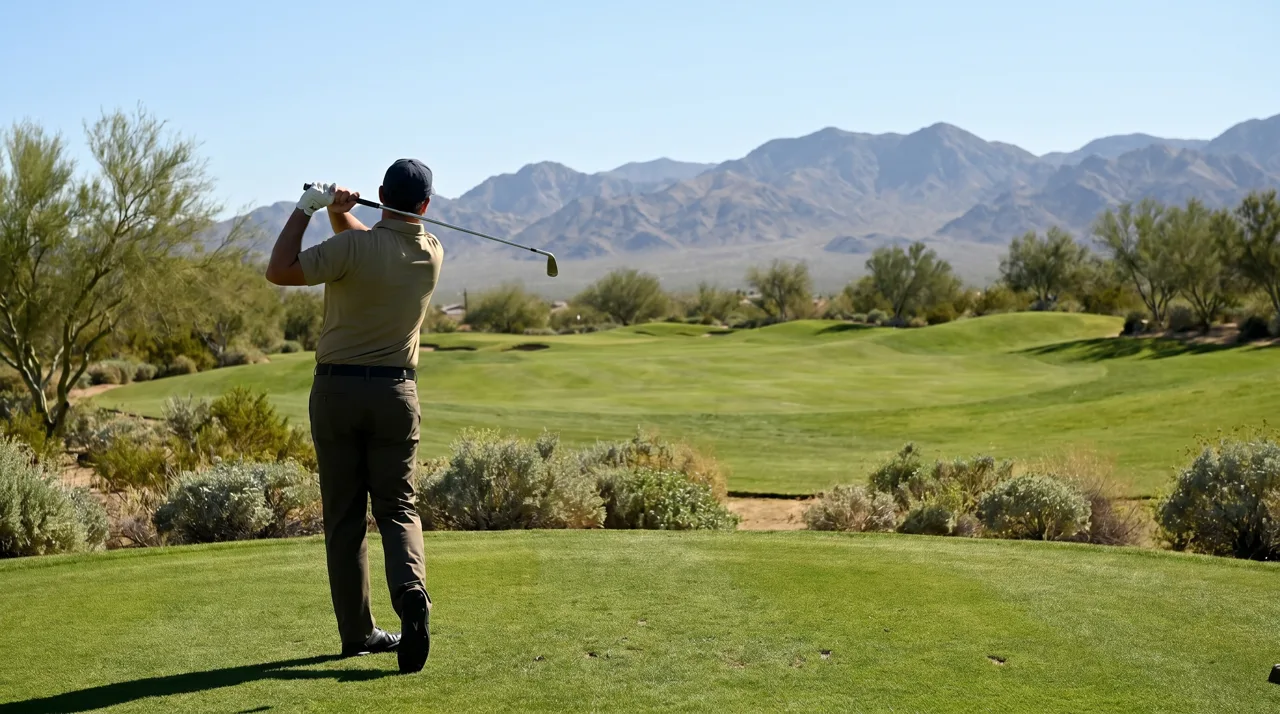 Single golfer mid-swing on a quiet Las Vegas desert golf course