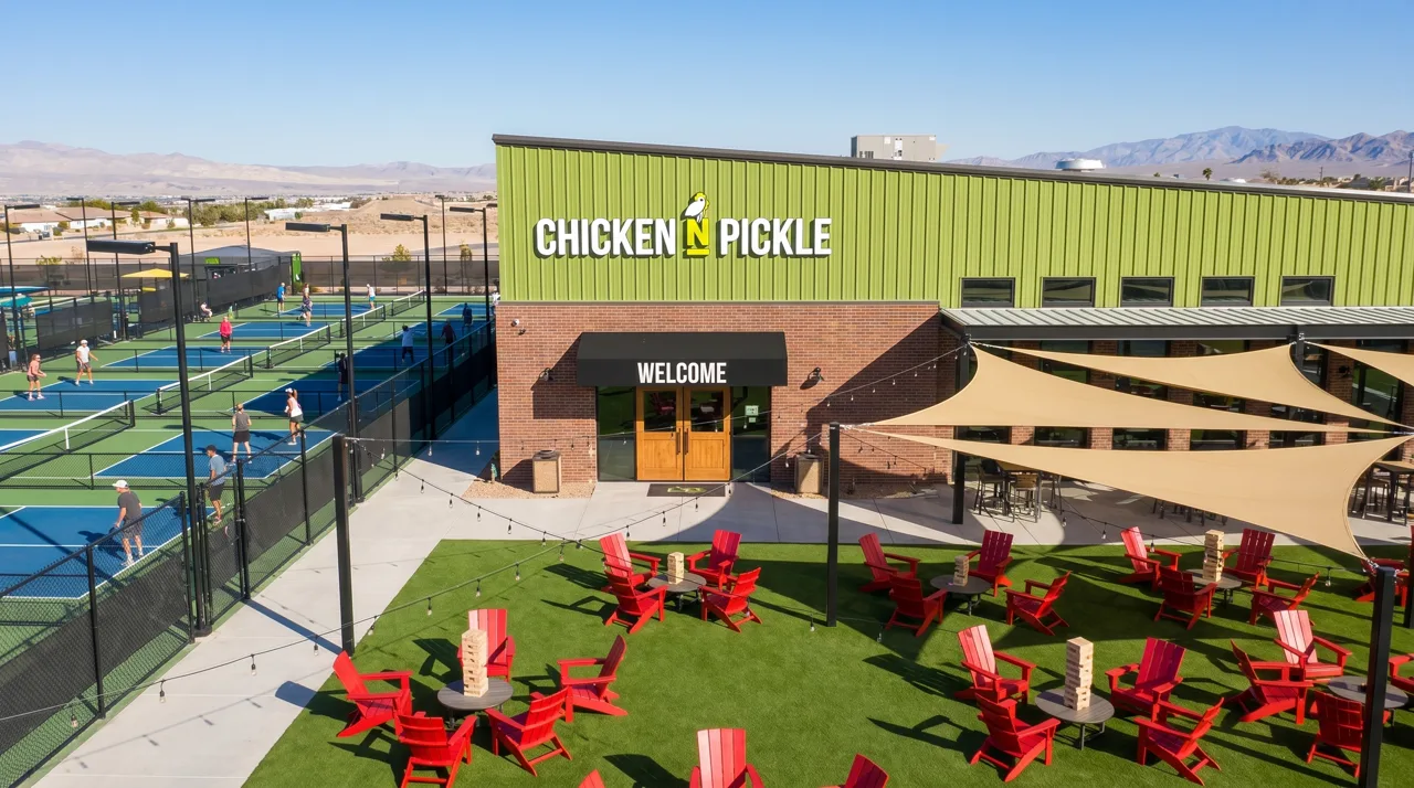 Chicken N Pickle Henderson exterior with outdoor pickleball courts and patio dining seating