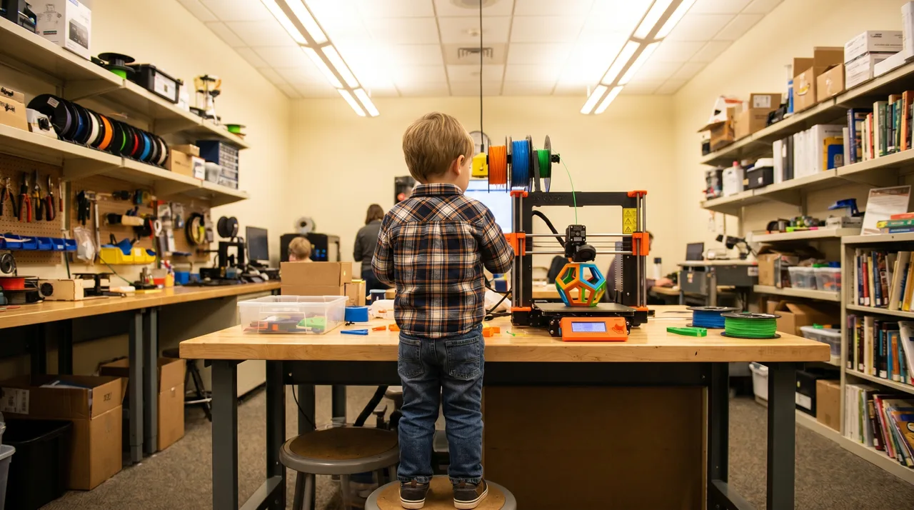 Child watching a 3D printer at work in a library makerspace