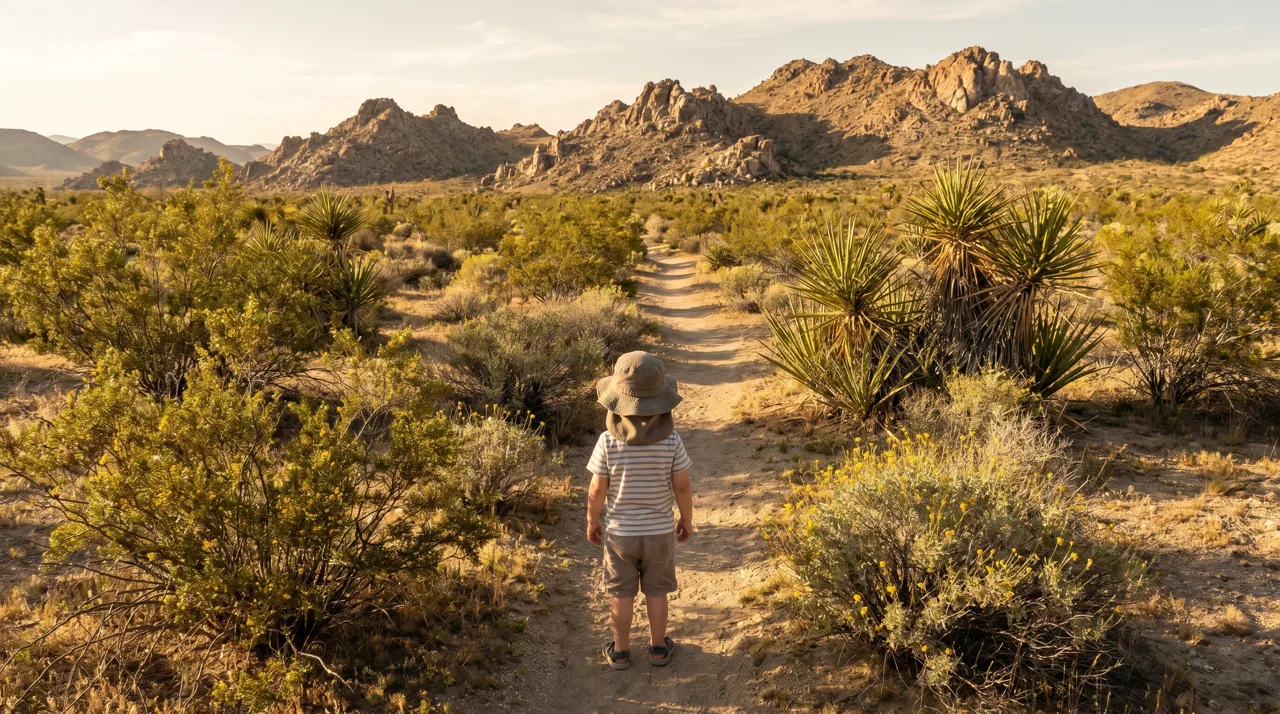 Young child looking out over a gentle desert hiking trail in the afternoon sun