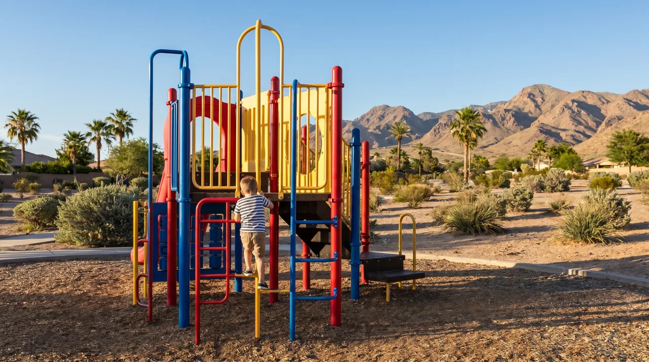 Child climbing on a colorful playground structure at a Las Vegas neighborhood park with mountains in the background