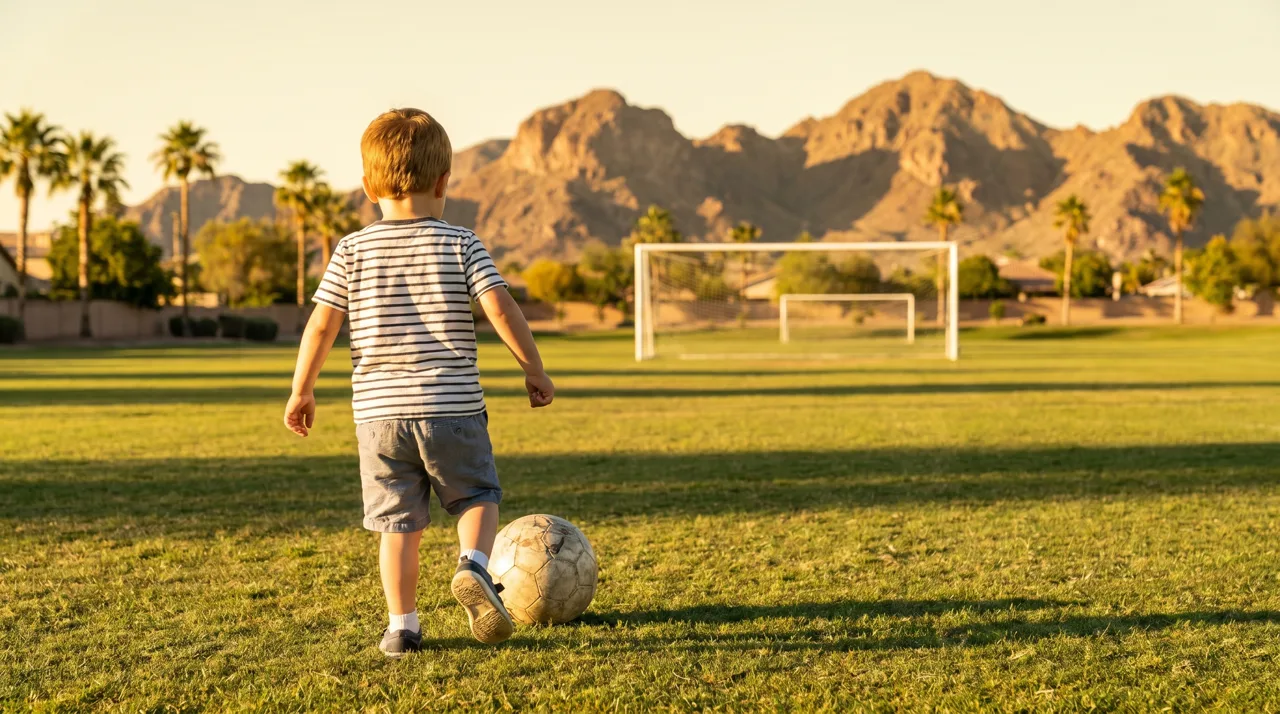 Young child kicking a soccer ball on a green field with desert mountains in the distance