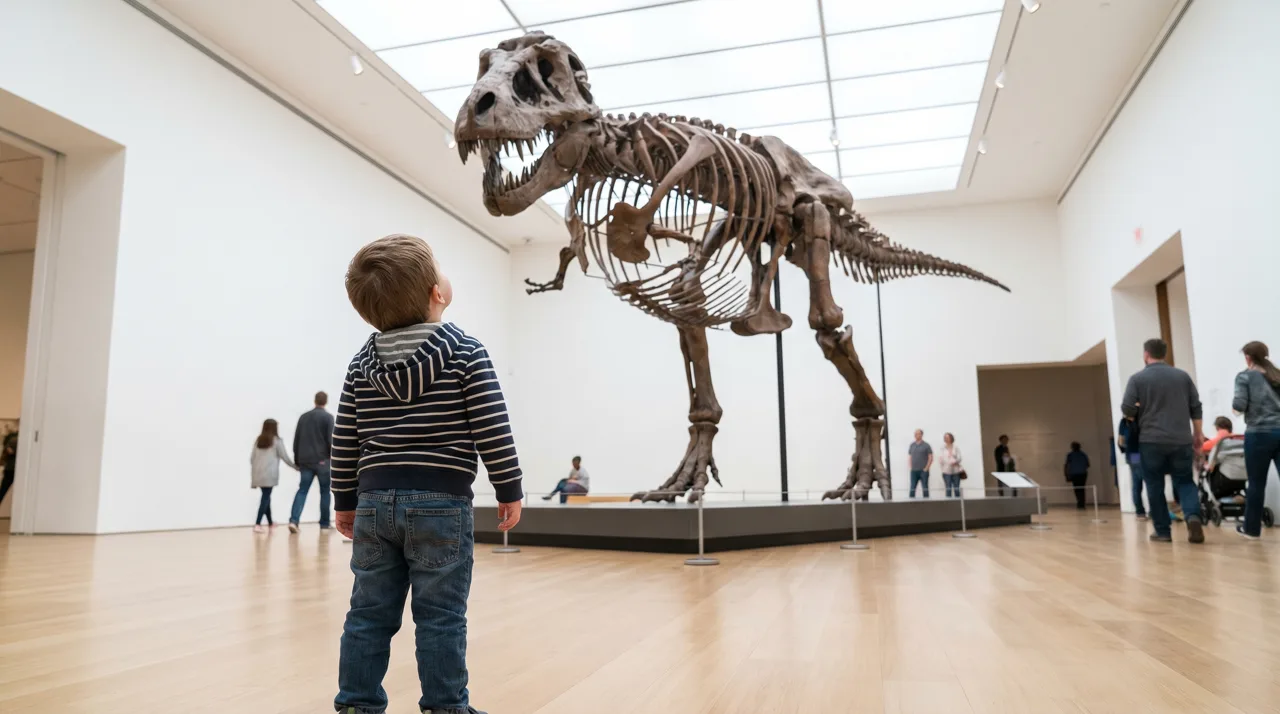 Young child looking up at a large dinosaur skeleton display in a bright museum hall
