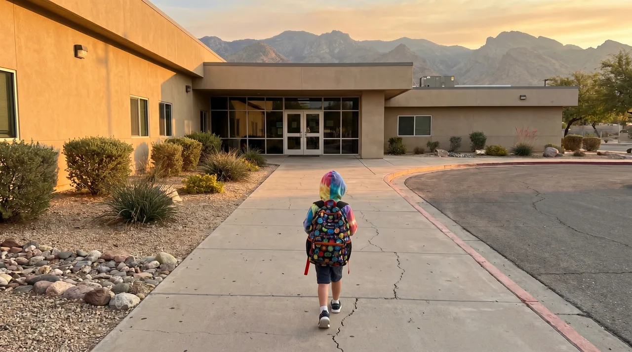Child with backpack seen from behind walking toward a suburban Las Vegas school building in afternoon light