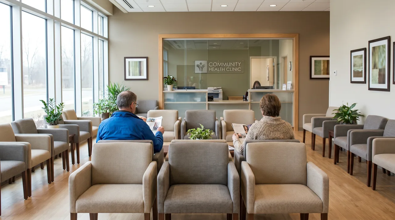 Interior of a Las Vegas community health clinic waiting room with patients seated