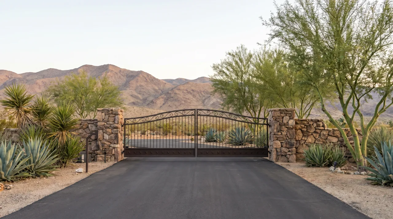 A closed wrought-iron gated community entrance with stone pillars in a Las Vegas desert landscape at morning