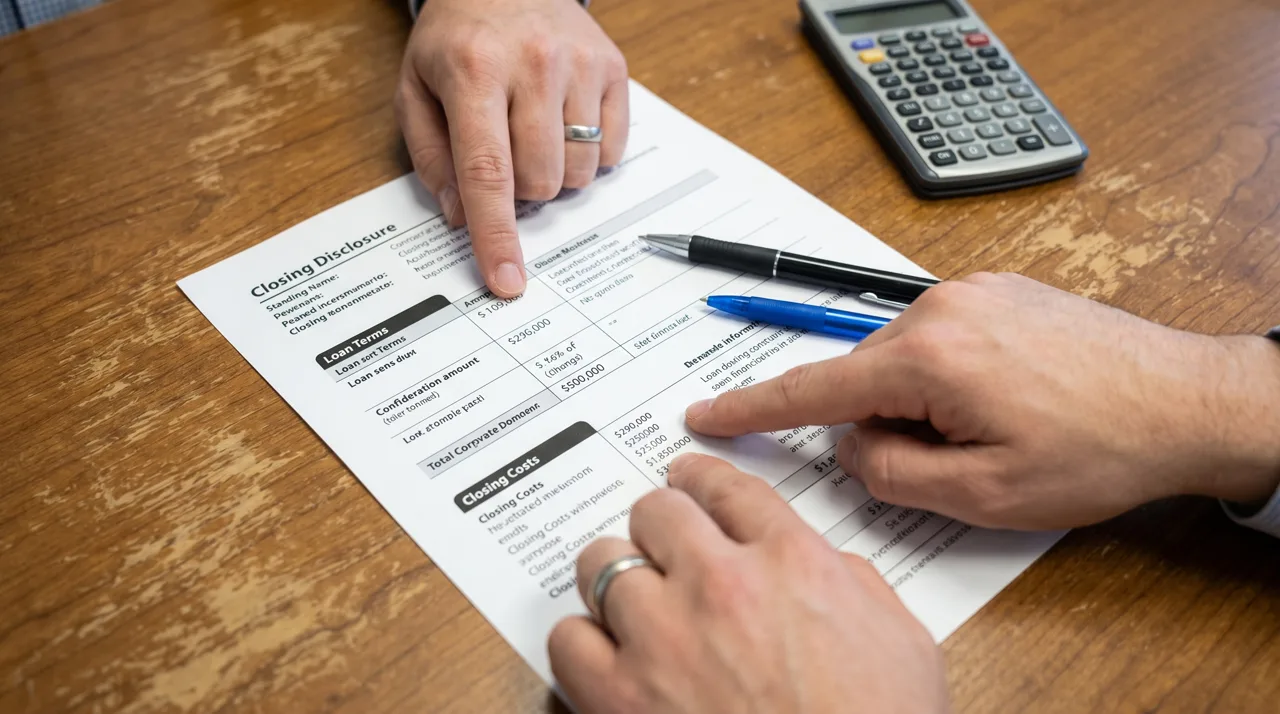 Close-up of a Closing Disclosure document on an office desk with two pens and hands pointing at line items