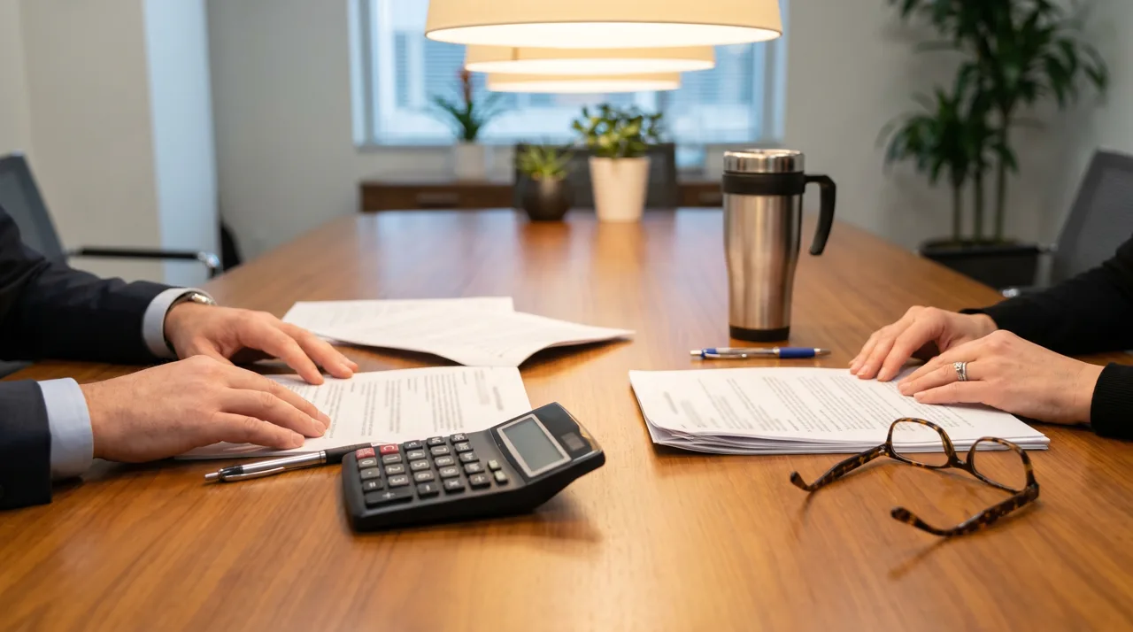 Closing meeting tabletop with real estate documents, a calculator, and pens