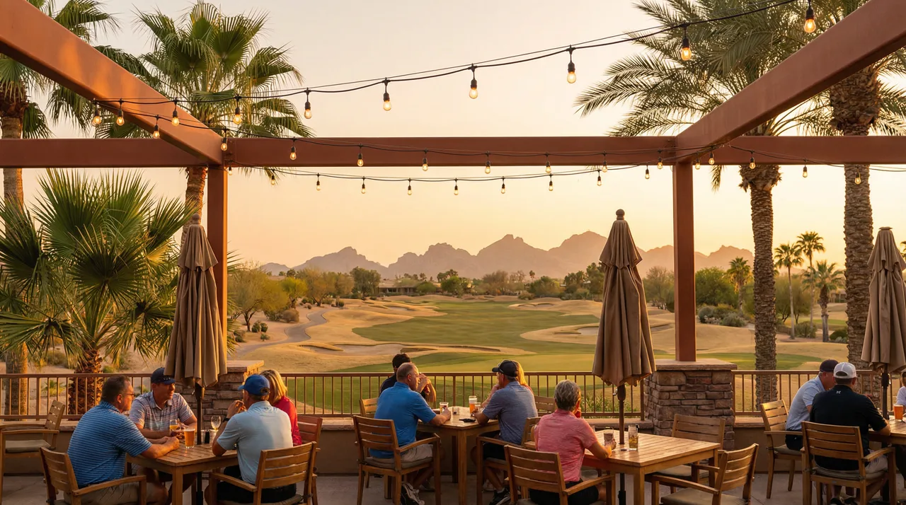 Golf clubhouse patio at sunset with small groups of members relaxing, desert golf course in the background