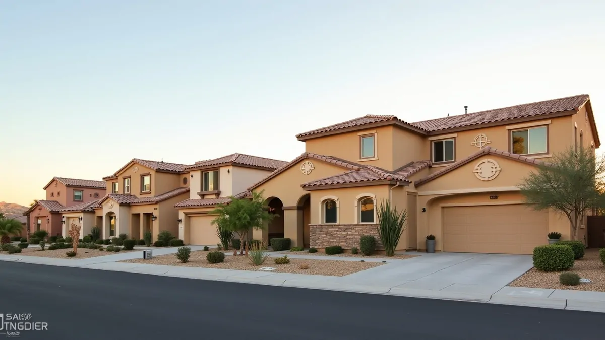 Clustered Tuscan-style homes in Las Vegas desert, soft morning light